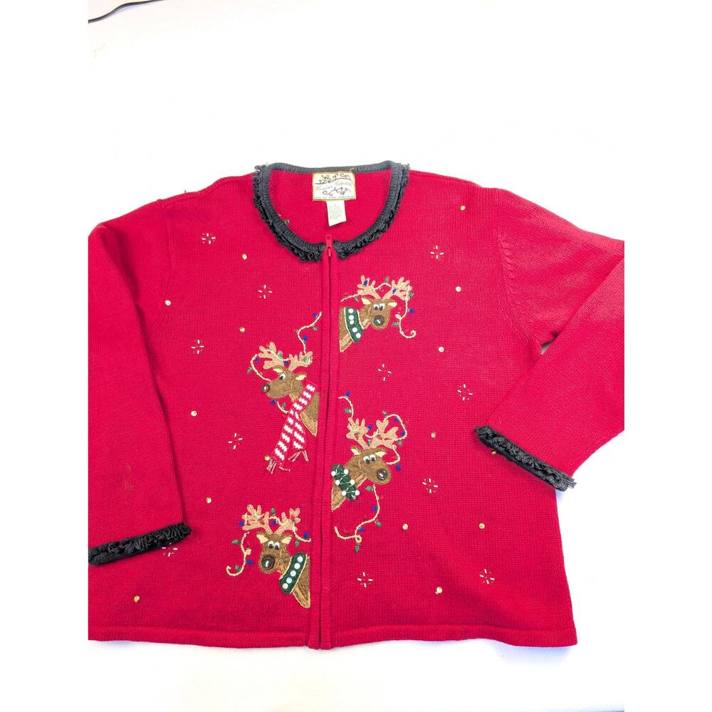 Red Zip Up Christmas Reindeer Sweater Sequin Embroidery Woman Size Large